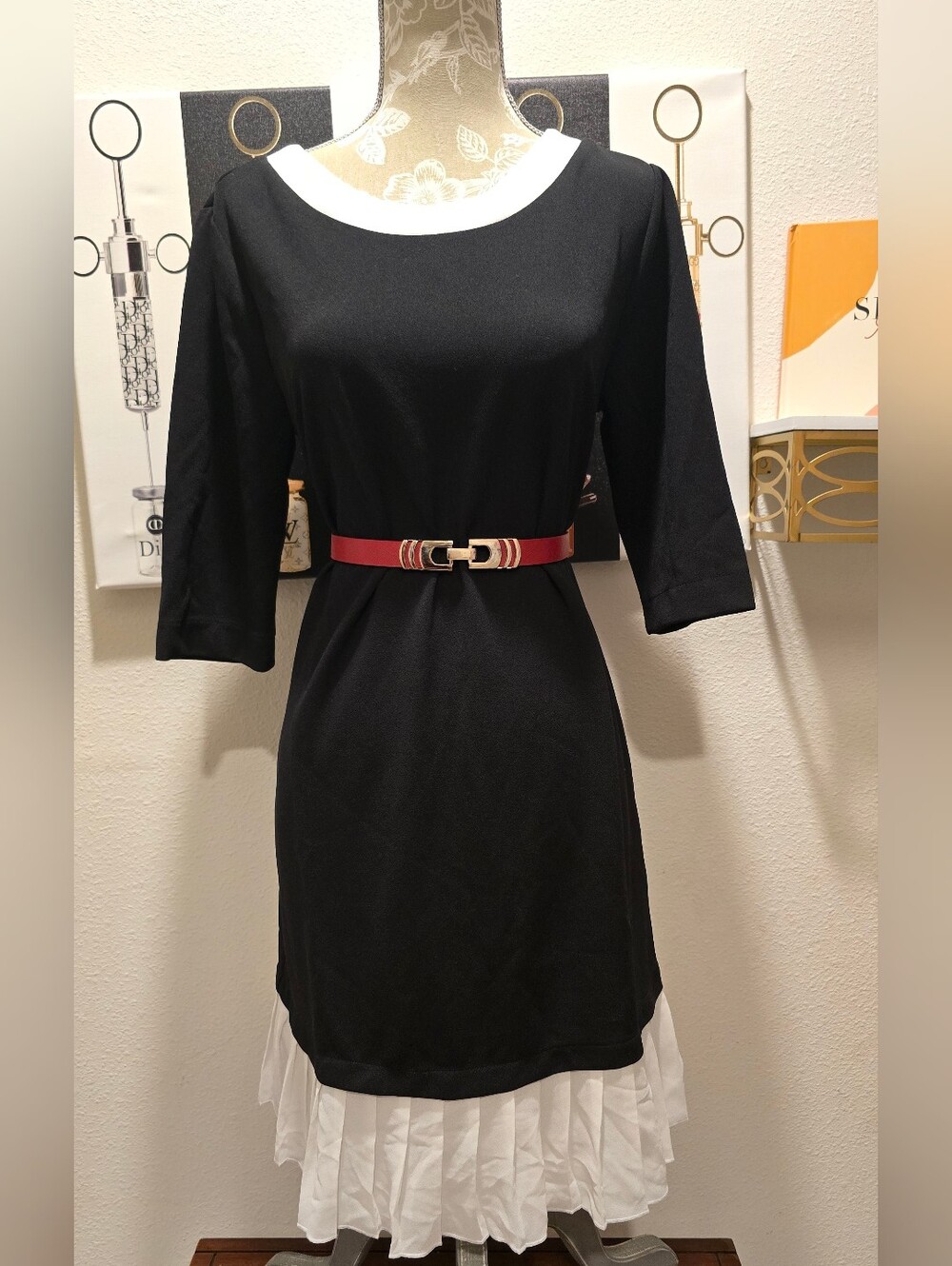 Venus S Black Dress with White Trim and Pleated Hem